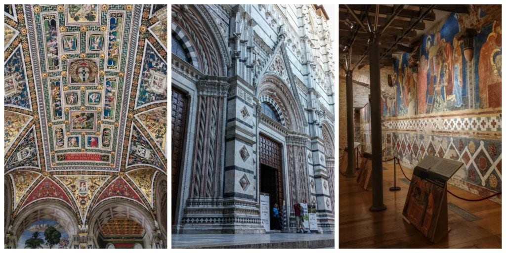 Three parts of the Duomo of Siena: Piccolomini Library, the Baptistery and the Crypt