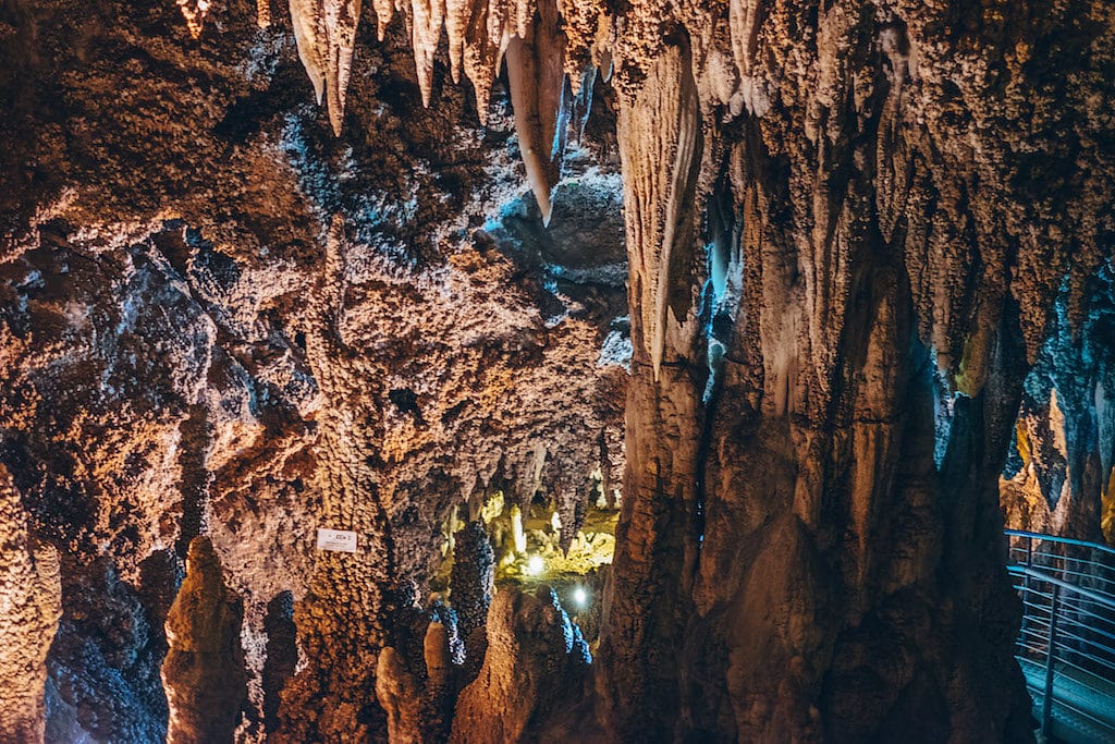 Stalactites and stalagmites inside the mountain. Caves in Tuscany