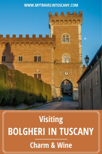 Pinterest Cover with a picture of the castle of Bolgheri at sunset