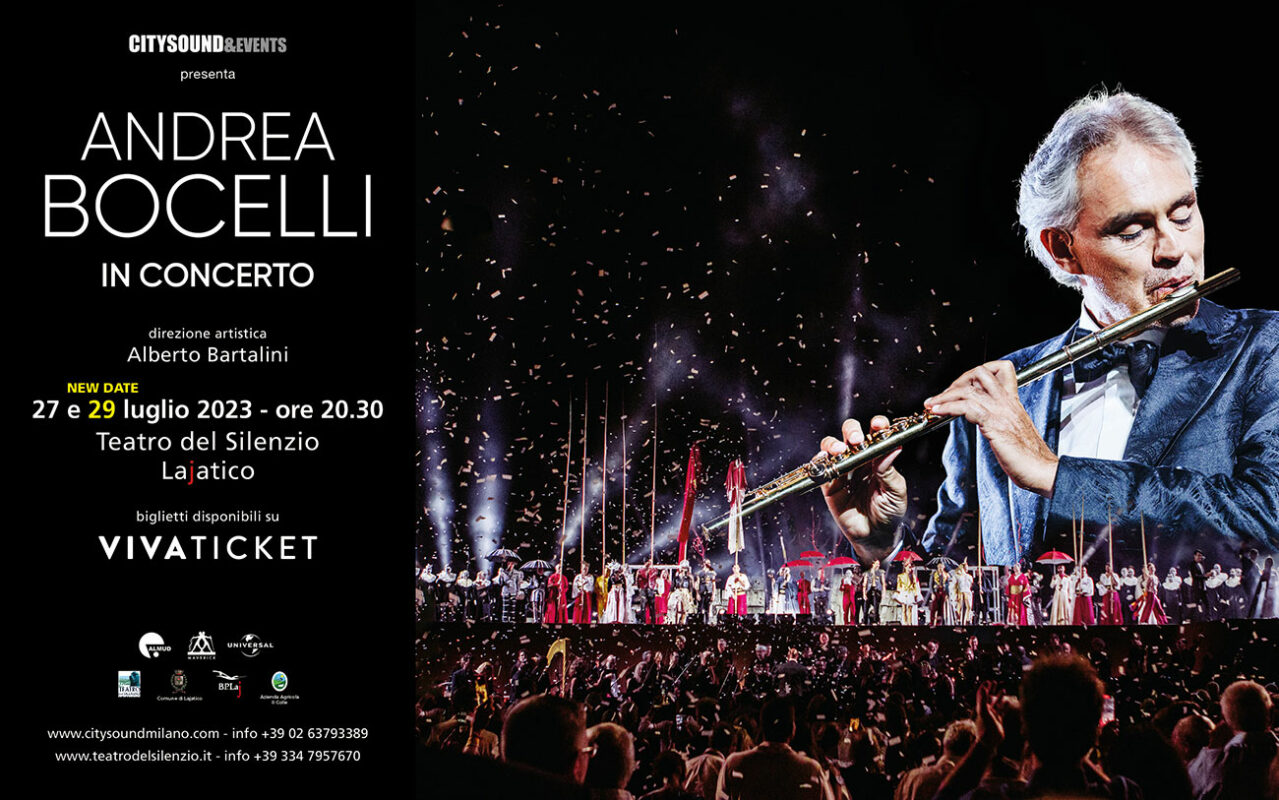 the ad of Andrea Bocelli in concert 2023. two dates. 27 and 29 July 2023.